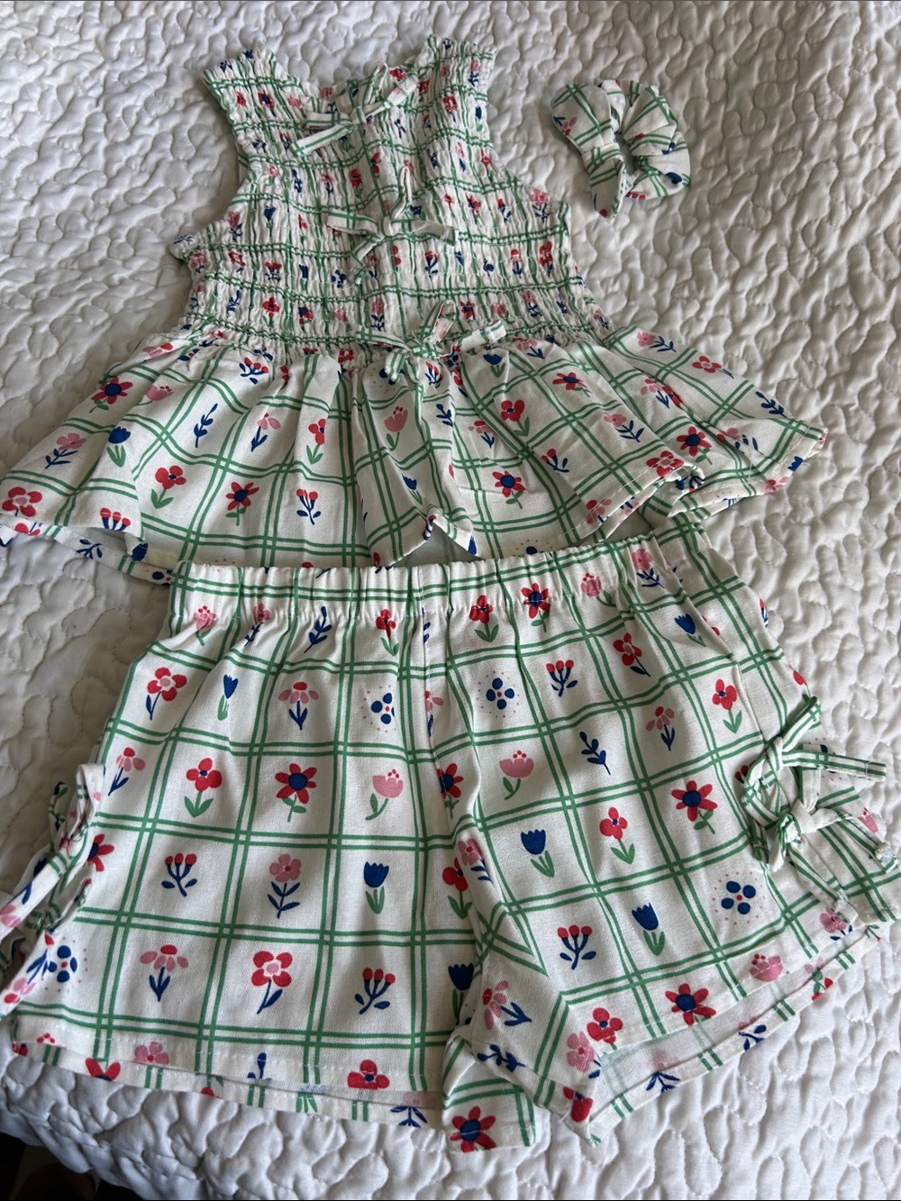Vince Camino Girl's Two-Piece Floral Plaid Top & Shorts Set with hair scrunchy